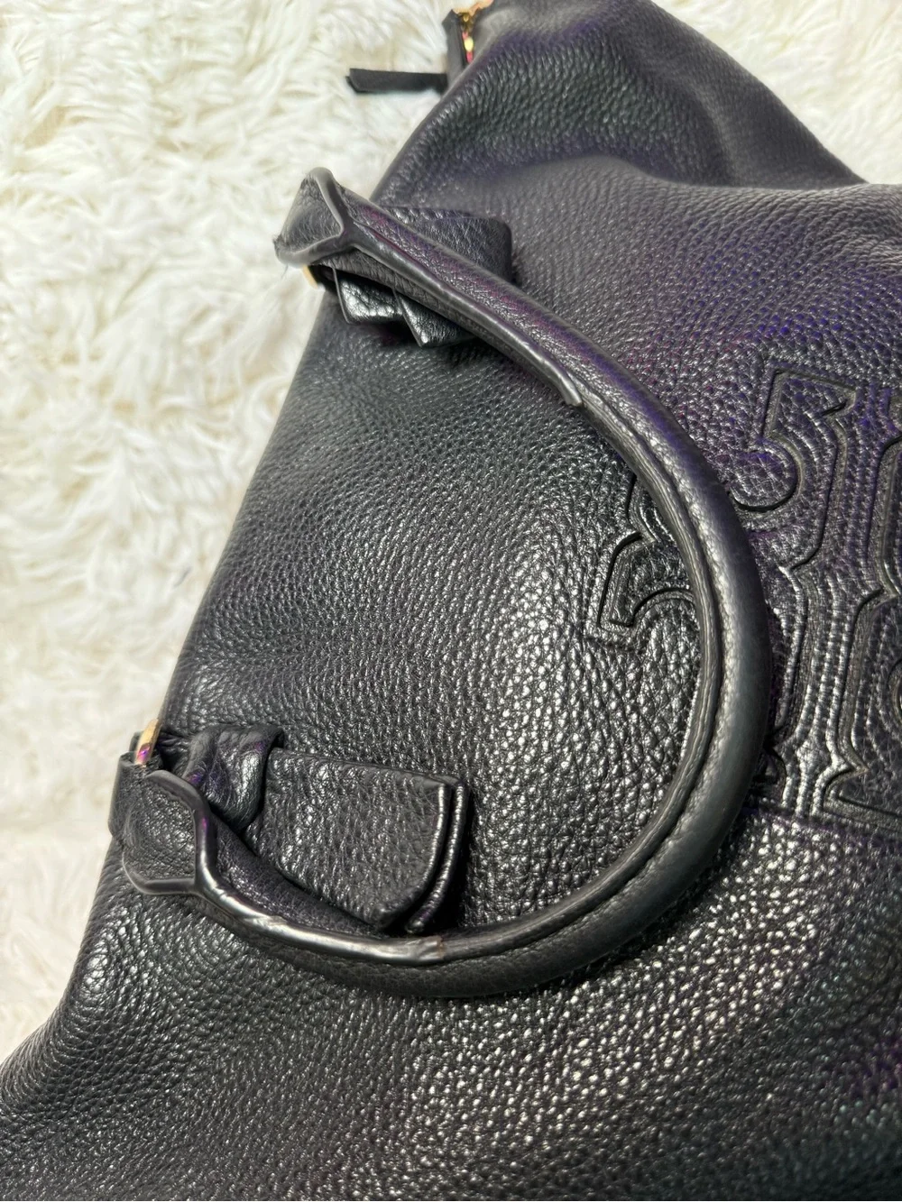 Tory Burch Thea Medium Black Slouchy Pebbled Leather Satchel Embossed Logo Gold
